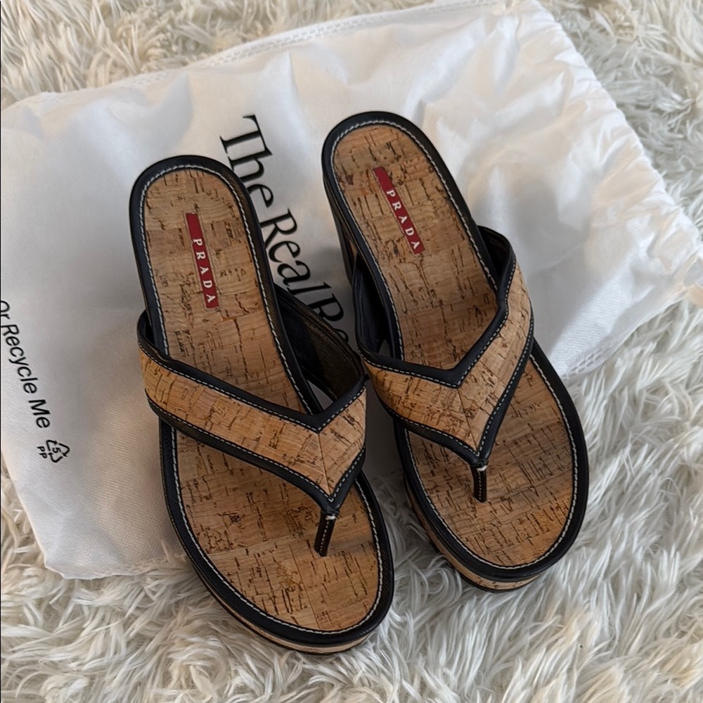 Prada Vintage Women's Cork Tan and Black Wedge Sandals